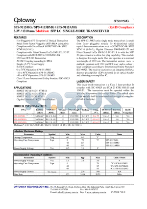 SPS-9115AMG datasheet - 3.3V / 1310 nm / Multirate SFP LC SINGLE-MODE TRANSCEIVER