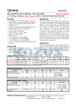 SPS-9115AMWG datasheet - 3.3V / 1310 nm /Multirate Digital Diagnostic SFP LC SINGLE-MODE TRANSCEIVER
