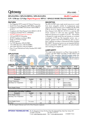 SPS-9115AWG datasheet - 3.3V / 1310 nm / 2.5 Gbps Digital Diagnostic SFP LC SINGLE-MODE TRANSCEIVER