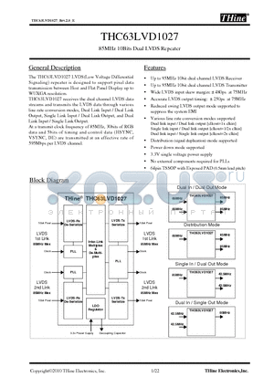 THC63LVD1027 datasheet - 85MHz 10Bits Dual LVDS Repeater