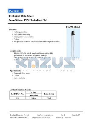 PD204-6B-L3 datasheet - 3mm Silicon PIN Photodiode T-1