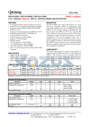 SPS-9115BMG datasheet - 3.3V / 1310 nm / Multirate SFP LC SINGLE-MODE TRANSCEIVER