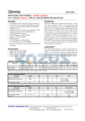 SPS-9115MG datasheet - 3.3V / 1310 nm / Multirate SFP LC SINGLE-MODE TRANSCEIVER