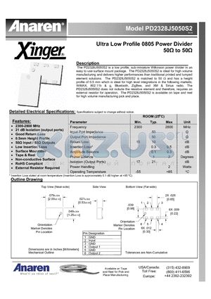 PD2328J5050AS2 datasheet - Ultra Low Profile 0805 Power Divider 50Y to 50Y