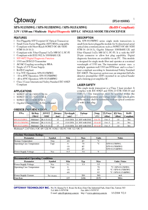 SPS-9115MWG_08 datasheet - 3.3V / 1310 nm /Multirate Digital Diagnostic SFP LC SINGLE-MODE TRANSCEIVER