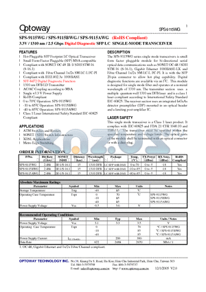 SPS-9115WG datasheet - 3.3V / 1310 nm / 2.5 Gbps Digital Diagnostic SFP LC SINGLE-MODE TRANSCEIVER