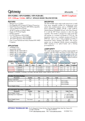 SPS-9120BRG datasheet - 3.3V / 1310 nm / 3.2Gb/s SFP LC SINGLE-MODE TRANSCEIVER