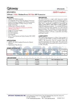 SPS-9130VG datasheet - 1310 nm / 3 Gb/s Medium Power SM Video SFP Transceiver