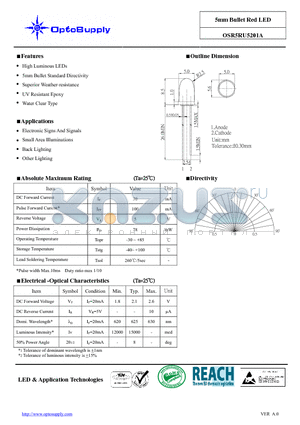 OSR5RU5201A datasheet - 5mm Bullet Red LED