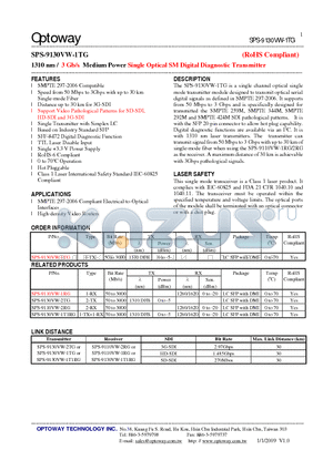 SPS-9130VW-1TG datasheet - 1310 nm / 3 Gb/s Medium Power Single Optical SMDigital Diagnostic Transmitter