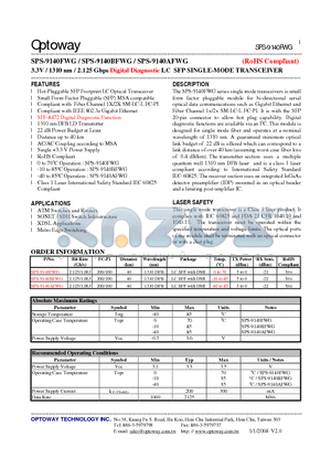 SPS-9140BFWG datasheet - 3.3V / 1310 nm / 2.125 Gbps Digital Diagnostic LC SFP SINGLE-MODE TRANSCEIVER