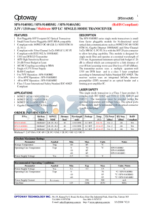 SPS-9140AMG datasheet - 3.3V / 1310 nm / Multirate SFP LC SINGLE-MODE TRANSCEIVER