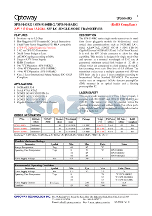 SPS-9140ARG datasheet - 3.3V / 1310 nm / 3.2Gb/s SFP LC SINGLE-MODE TRANSCEIVER