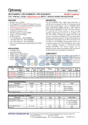 SPS-9140ARWG datasheet - 3.3V / 1310 nm / 3.2Gb/s Digital Diagnostic SFP LC SINGLE-MODE TRANSCEIVER