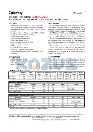 SPS-9140BG datasheet - 3.3V / 1310 nm / 2.5 Gbps SFP LC SINGLE-MODE TRANSCEIVER