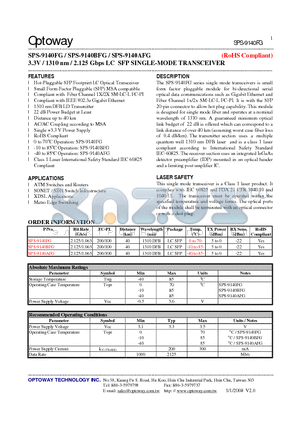 SPS-9140BFG datasheet - 3.3V / 1310 nm / 2.125 Gbps LC SFP SINGLE-MODE TRANSCEIVER