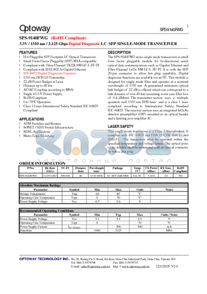 SPS-9140FWG datasheet - 3.3V / 1310 nm / 2.125 Gbps Digital Diagnostic LC SFP SINGLE-MODE TRANSCEIVER