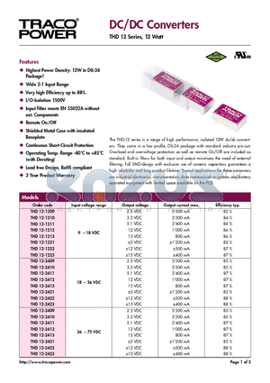 THD12-1209 datasheet - DC/DC Converters - THD 12 Series, 12 Watt