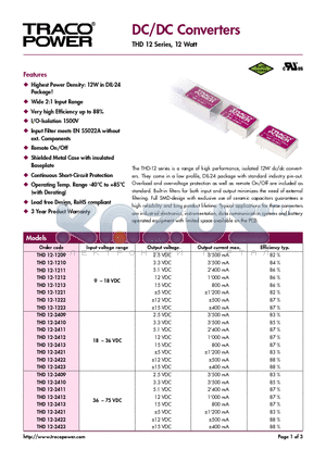 THD12-1212 datasheet - DC/DC Converters - THD 12 Series, 12 Watt