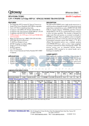 SPS-93100-CXX0G datasheet - 3.3V / CWDM / 2.5 Gbps SFP LC SINGLE-MODE TRANSCEIVER