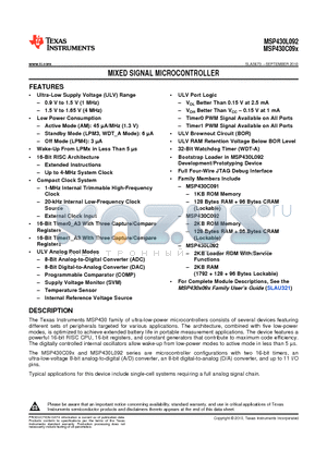 MSP430L092 datasheet - MIXED SIGNAL MICROCONTROLLER