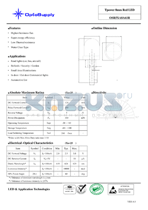 OSR5XA8A61R datasheet - Tpower 8mm Red LED