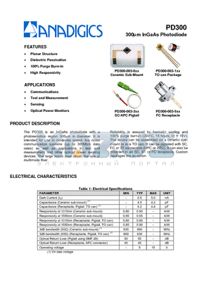 PD300 datasheet - 300lm InGaAs Photodiode