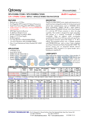 SPS-93100BR-CXX0G datasheet - 3.3V / CWDM/ 3.2Gb/s SFP LC SINGLE-MODE TRANSCEIVER