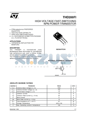 THD200FI datasheet - HIGH VOLTAGE FAST-SWITCHING NPN POWER TRANSISTOR