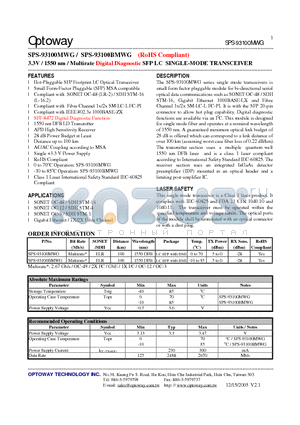 SPS-93100MWG datasheet - 3.3V / 1550 nm / Multirate Digital Diagnostic SFP LC SINGLE-MODE TRANSCEIVER