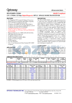 SPS-93100W-CXX0G_08 datasheet - 3.3V / CWDM/ 2.5 Gbps Digital Diagnostic SFP LC SINGLE-MODE TRANSCEIVER
