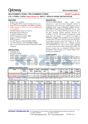 SPS-93100RW-CXX0G datasheet - 3.3V / CWDM/ 3.2Gb/s Digital Diagnostic SFP LC SINGLE-MODE TRANSCEIVER