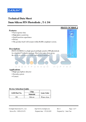 PD333-3H0 datasheet - 5mm Silicon PIN Photodiode , T-1 3/4