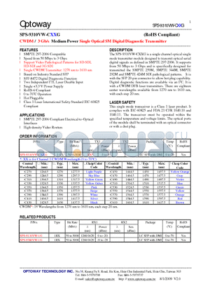 SPS-9310VW-CXXG datasheet - CWDM / 3 Gb/s Medium Power Single Optical SM Digital Diagnostic Transmitter