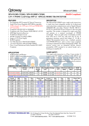 SPS-93120F-CXX0G_08 datasheet - 3.3V / CWDM / 2.125 Gbps SFP LC SINGLE-MODE TRANSCEIVER