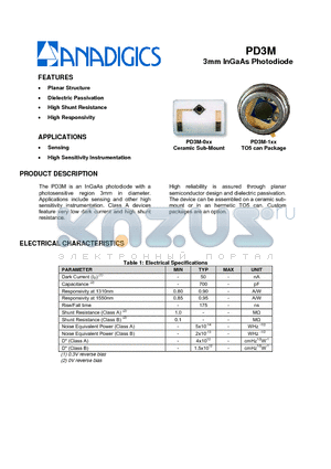 PD3M-1XX datasheet - 3mm InGaAs Photodiode