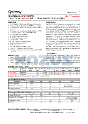 SPS-93120MG datasheet - 3.3V / 1550 nm / Multirate SFP LC SINGLE-MODE TRANSCEIVER