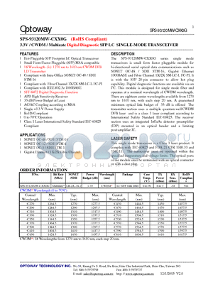 SPS-93120MW-CXX0G datasheet - 3.3V / CWDM / Multirate Digital Diagnostic SFP LC SINGLE-MODE TRANSCEIVER