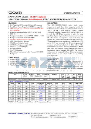 SPS-93120MW-CXX0G datasheet - 3.3V / CWDM/ Multirate Digital Diagnostic SFP LC SINGLE-MODE TRANSCEIVER