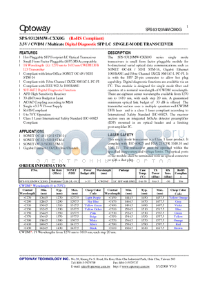 SPS-93120MW-CXX0G_08 datasheet - 3.3V / CWDM/ Multirate Digital Diagnostic SFP LC SINGLE-MODE TRANSCEIVER