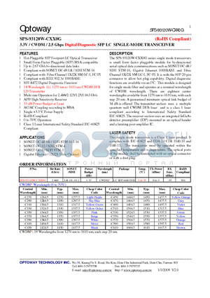 SPS-93120W-CXX0G_08 datasheet - 3.3V / CWDM/ 2.5 Gbps Digital Diagnostic SFP LC SINGLE-MODE TRANSCEIVER