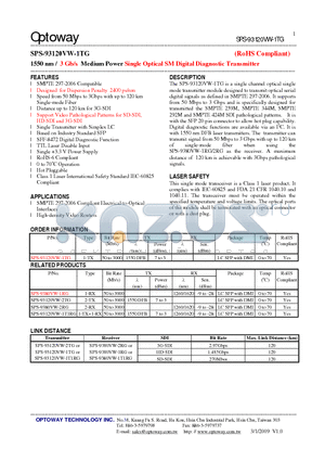 SPS-93120VW-1TG datasheet - 1550 nm / 3 Gb/s Medium Power Single Optical SMDigital Diagnostic Transmitter