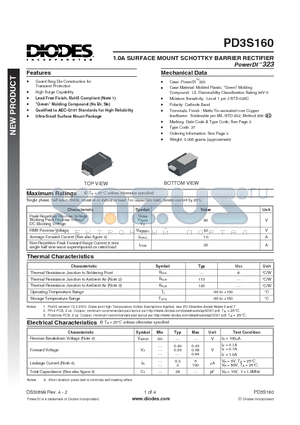 PD3S160 datasheet - 1.0A SURFACE MOUNT SCHOTTKY BARRIER RECTIFIER PowerDI 323