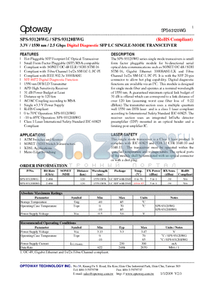 SPS-93120WG_08 datasheet - 3.3V / 1550 nm / 2.5 Gbps Digital Diagnostic SFP LC SINGLE-MODE TRANSCEIVER