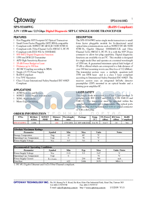 SPS-93160WG datasheet - 3.3V / 1550 nm / 2.5 Gbps Digital Diagnostic SFP LC SINGLE-MODE TRANSCEIVER