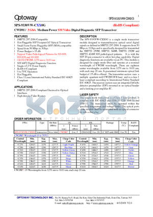 SPS-9330VW-CXX0G datasheet - CWDM / 3 Gb/s Medium Power SMVideo Digital Diagnostic SFP Transceiver