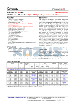 SPS-9330VW-CXX1RG datasheet - CWDM / 3 Gb/s Medium Power Optical SM Digital Diagnostic Transmitter/Receiver