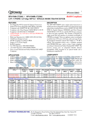 SPS-9340-CXX0G datasheet - 3.3V / CWDM / 2.5 Gbps SFP LC SINGLE-MODE TRANSCEIVER