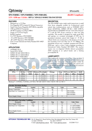 SPS-9340ARG datasheet - 3.3V / 1550 nm / 3.2Gb/s SFP LC SINGLE-MODE TRANSCEIVER