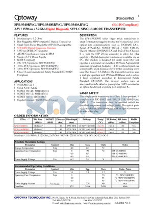 SPS-9340ARWG datasheet - 3.3V / 1550 nm / 3.2Gb/s Digital Diagnostic SFP LC SINGLE-MODE TRANSCEIVER